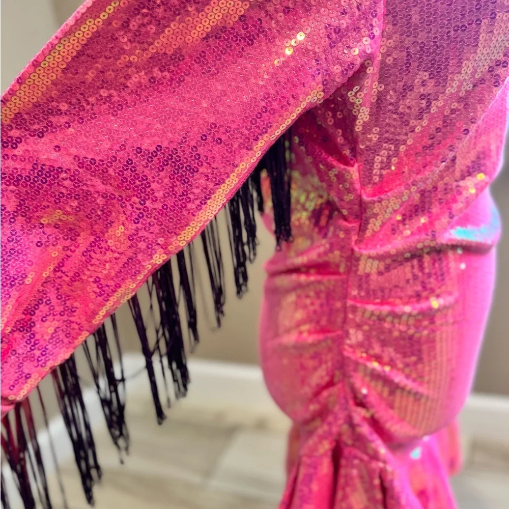 New! QUEEN OF SPARKLES Pink Sequin Long Sleeve Fringe Back Dress